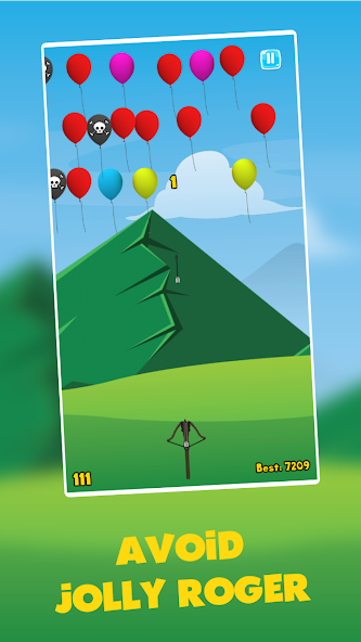 Arrow Hero crossbow beneath colorful balloons and black Jolly Roger balloons