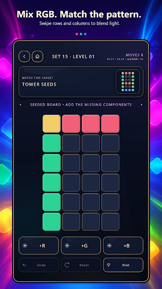 Color Carve RGB puzzle board with colored tiles and mixing controls